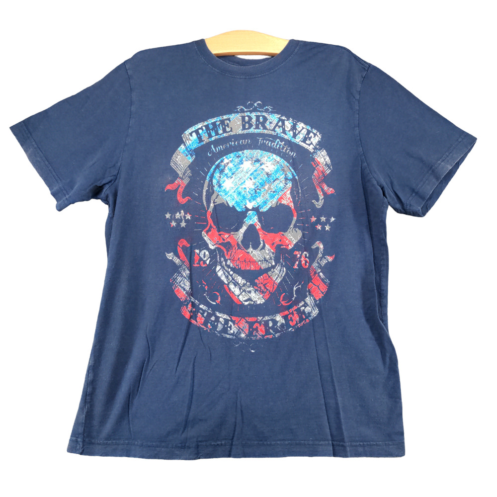 Faded Glory Mens The Brave The Free Skull T-Shirt Blue Large Short Sleeve Cotton